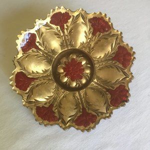 Decorative Plate Gold with Red Flowers. 7"